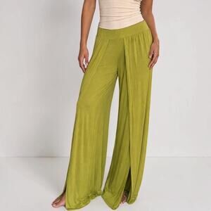 Y2K Sabora Chartreuse Wide Leg Palazzo Split Front Pants Small